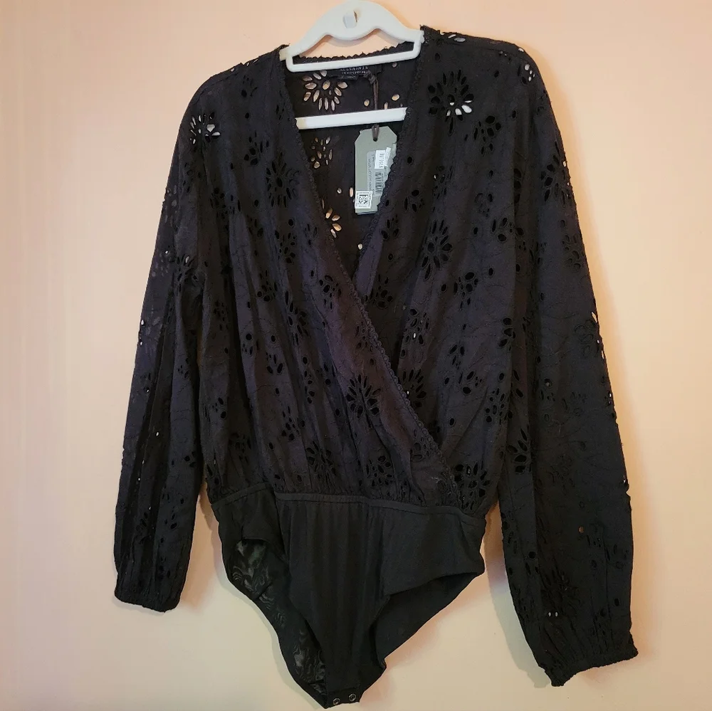 All Saints Black Amara Broderie Bodysuit, Eyelet Design, NWT, Size 6 - Picture 10 of 16